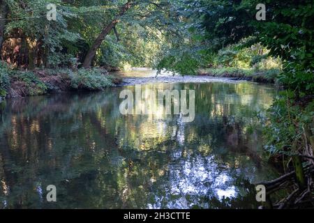 Maisemore Court and St Giles church viewed across the lake in the Severn Vale village of Maisemore, Gloucestershire UK