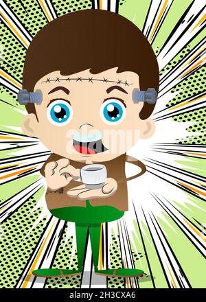Kid dressed for Halloween holding a cup of coffee. Vector cartoon character illustration of kids ready to Trick or Treat. Stock Vector
