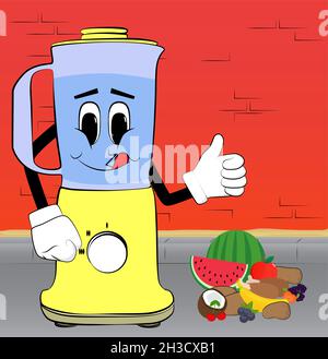 Food Blender making thumbs up sign as a cartoon character with face. Electric kitchen equipment for food processing. Stock Vector