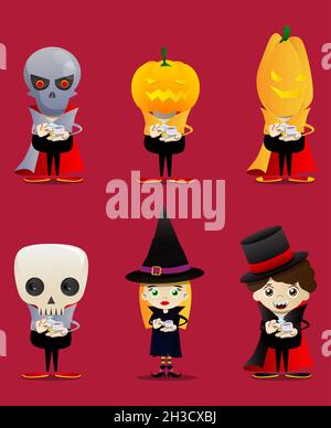 Kid dressed for Halloween holding a cup of coffee. Vector cartoon character illustration of kids ready to Trick or Treat. Stock Vector