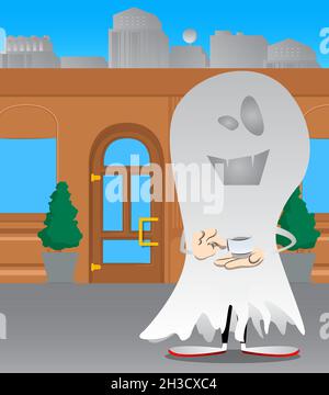 Kid dressed for Halloween holding a cup of coffee. Vector cartoon character illustration of kids ready to Trick or Treat. Stock Vector