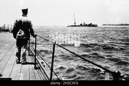 The German raiding cruiser SMS Emden, beached on Cocos Island in 1914. Stock Photo