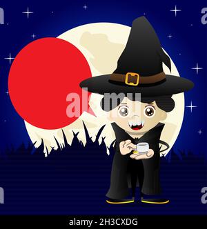 Kid dressed for Halloween holding a cup of coffee. Vector cartoon character illustration of kids ready to Trick or Treat. Stock Vector