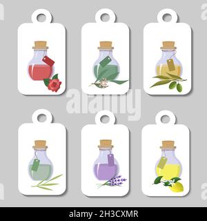 Set of labels with jars of oils for spa treatments. Lemon, eucalyptus, green tea and lavender oils, rose and olive oils. Stock Vector