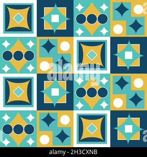 Azulejo pattern. Square tiles with colored geometric patterns. Stock Vector
