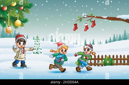 Happy kids wearing a winter clothes playing on the snow in christmas day Stock Vector