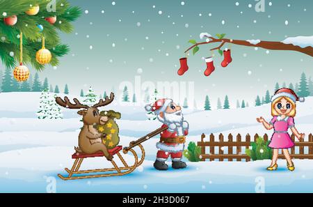 Cartoon funny santa claus pulling reindeer on a sleigh with sack of gifts and the girl Stock Vector