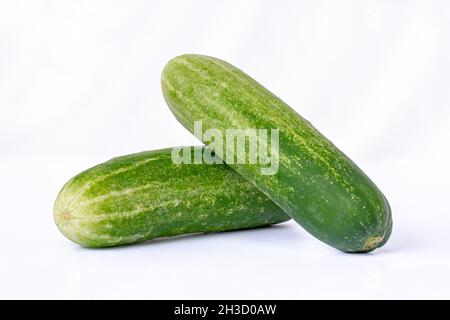 Two cucumbers for fresh vegetables, isolated on a white background, copy space Stock Photo