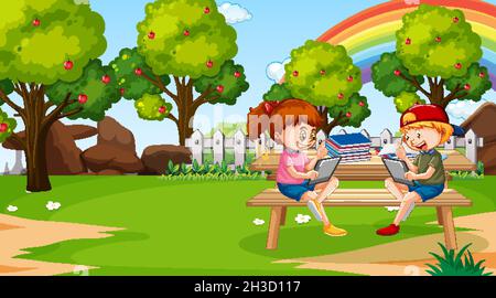 Kids leaning online with tablet in the park illustration Stock Vector