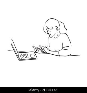 line art business woman using smartphone with laptop computer at table in office illustration vector isolated on white background Stock Vector