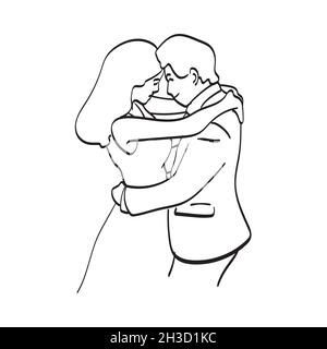 line art young asian wedding couple hugging each other during wedding ceremony illustration vector isolated on white background Stock Vector