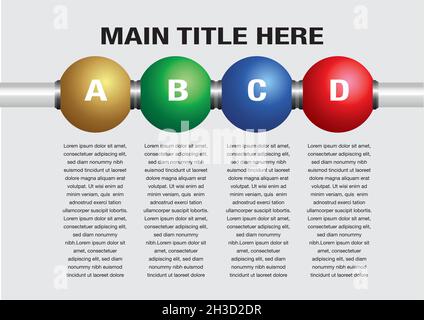 Vector illustration of four colorful beads with alphabets on a metal rod. Layout template with space for typography and text. Stock Vector