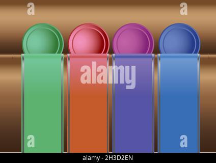 Vector illustration of badges in four different colors with hanging ribbons on brown background Stock Vector