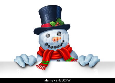 Snowman peeking behind a blank white sign as a happy winter snow man character hiding behind a billboard as a Christmas holiday or seasonal greeting. Stock Photo