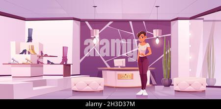 Shoes store with girl seller and women footwear on shelves. Vector cartoon illustration of boutique interior, luxury shop with shoes on rack, poufs, mirror and cashier counter Stock Vector