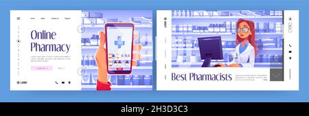 Online pharmacy cartoon landing pages, hand holding smartphone with application for ordering medicines in internet. Pharmacist in drugstore near shelf with pills, medicals products vector web banners Stock Vector