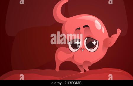 Cartoon healthy stomach in abdomen, cute character Internal organ mascot demonstrate power, show strong muscles. Tummy digestion system health care and gastroenterology medicine, Vector illustration Stock Vector