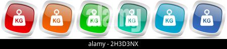 Weight, kg, kilogram vector icon set, modern design, silver metallic glossy colorful web buttons collection Stock Vector