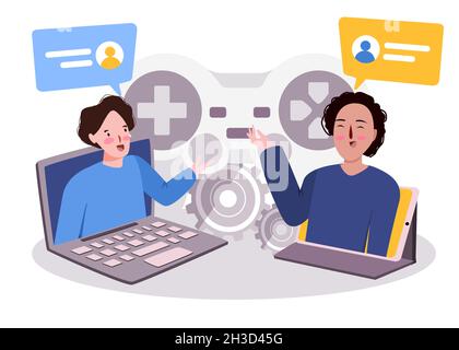 two people friends in laptop playing online game chat gamepad speech bubble modern cartoon color isolated vector illustration Stock Vector