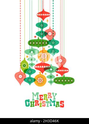 Merry Christmas greeting card illustration, colorful ornament decoration in pine tree shape with retro mid century style snowflake baubles. Happy wint Stock Photo