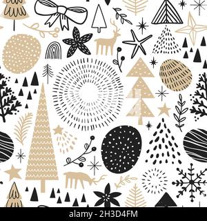 Merry Christmas hand drawn seamless pattern with cute winter holiday cartoon decoration. Scandinavian style forest doodle background includes pine tre Stock Photo