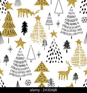 Merry Christmas luxury hand drawn pine tree seamless pattern with golden glitter decoration. Scandinavian style forest doodle cartoon background. Stock Photo