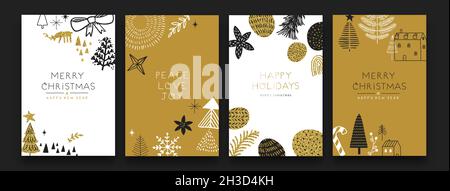 Merry Christmas Happy New Year luxury gold greeting card set. Golden glitter winter decoration collection. Cute scandinavian cartoon doodle design for Stock Photo