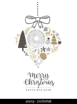 Merry Christmas Happy New Year greeting card illustration, hand drawn winter season decoration in bauble ornament shape. Cute scandinavian cartoon doo Stock Photo