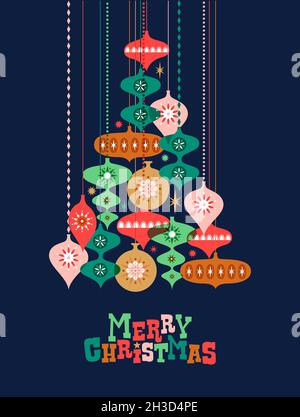 Merry Christmas greeting card illustration, colorful ornament decoration in pine tree shape with retro mid century style snowflake baubles. Happy wint Stock Photo