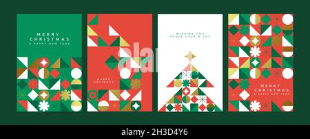 Merry Christmas Happy New Year greeting card set of holiday decoration with gold geometric icons in trendy mosaic style. Luxury xmas design collection Stock Photo