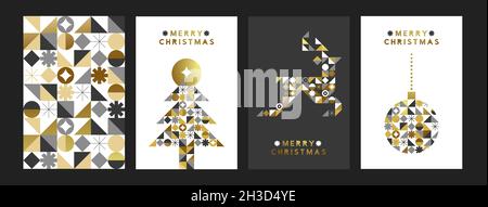 Merry Christmas greeting card illustration set of holiday decoration with gold geometric icons in trendy mosaic style. Luxury design collection for xm Stock Photo