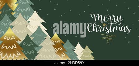 Merry Christmas web banner illustration of festive pine tree forest in hand drawn style. Xmas cartoon design for seasons greetings or party invitation Stock Photo