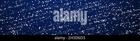 Random white dots Christmas background. Subtle flying snow flakes and stars on dark blue background. Bold winter silver snowflake overlay template. Glamorous panoramic illustration. Stock Vector