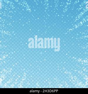 Magic stars Christmas background. Subtle flying snow flakes and stars on blue transparent background. Amazing winter silver snowflake overlay template. Imaginative vector illustration. Stock Vector