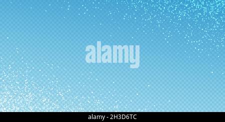 Magic stars Christmas background. Subtle flying snow flakes and stars on blue transparent background. Appealing winter silver snowflake overlay template. Lively vector illustration. Stock Vector