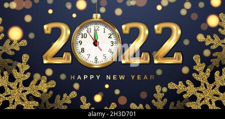 Christmas banner with clock, snowflakes and numbers 2022. Gold glitter and bright bokeh. Realistic illustration on a black background. vector. Stock Vector
