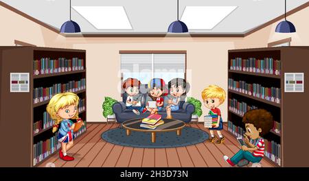 School library scene with happy children illustration Stock Vector ...