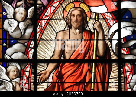 Paris, France. 28 September, 2021. Stained glass window in the church Saint-Merry depicting Jesus Christ Stock Photo
