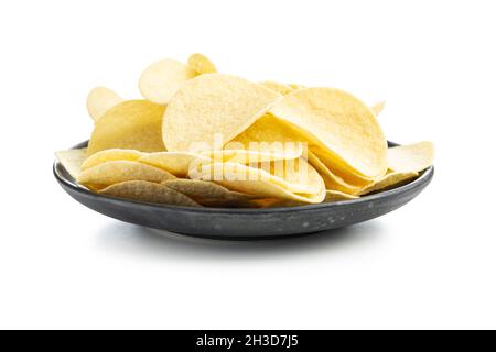 Crunchy potato chips. Potato crisps isolated on white background. Stock Photo