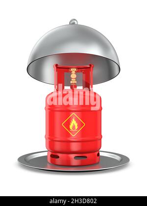 open metallic cloche and gas cylinder on white background. Isolated 3D illustration Stock Photo