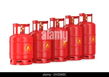 row gas cylinders on white background. Isolated 3D illustration Stock Photo