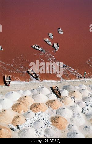 SENEGAL, ROSE LAKE AERIAL VIEW (RETBA) EXTRACTION OF SALT, Stock Photo