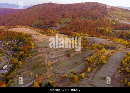 Panorama landscape of Carpathian mountains during sunrise of fantastic atmospheric scenery with picturesque mountain range Stock Photo