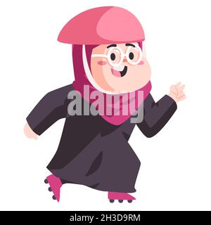 Moslem girl kids woman with helmet and pink hijab is running by inline skates to be healthy modern cartoon flat color isolated background vector Stock Vector
