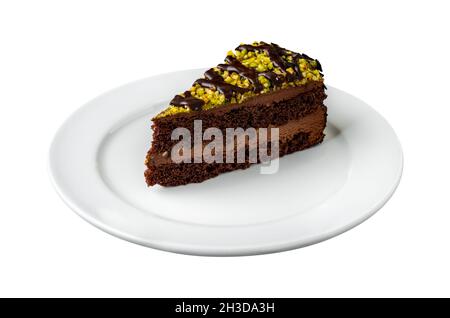 Delicious chocolate and pistachio cake on isolated white background Stock Photo