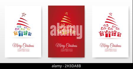 Christmas cards. Gifts under Christmas tree in abstract shapes. Illustrations set on red and white background for greeting, brochure or postcard. Vect Stock Vector