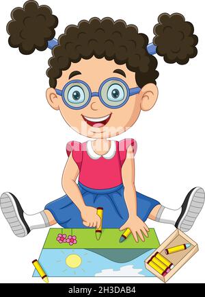 Little girl painting and coloring on a canvas Stock Vector