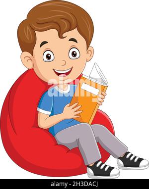 Little boy reading a book and sitting on big pillow Stock Vector