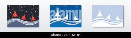 Abstract snowy landscape. Set of winter background, night and day. Vector illustration Stock Vector