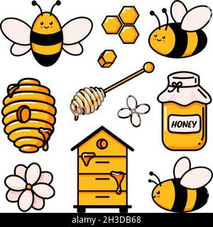 Set of cute bee, tasty healthy honey, jar, honeycombs, hives, flower, wooden honey dipper and text vector illustrations doodle. Hand drawn colored trendy vector illustration in cartoon style. Stock Vector